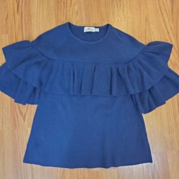 Vineyard Vines Navy Ribbed Ruffle Sweater cotton/silk Sz XS womens - Picture 5 of 6
